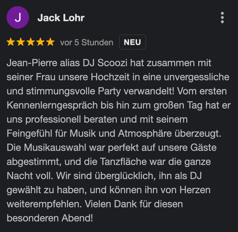 Unvergessliche Event-Atmosphäre: Dein Perfekter Hochzeits-DJ aus Remscheid für Einzigartige Momente 29 DJScoozi de Testimonial 2024 12 18 3