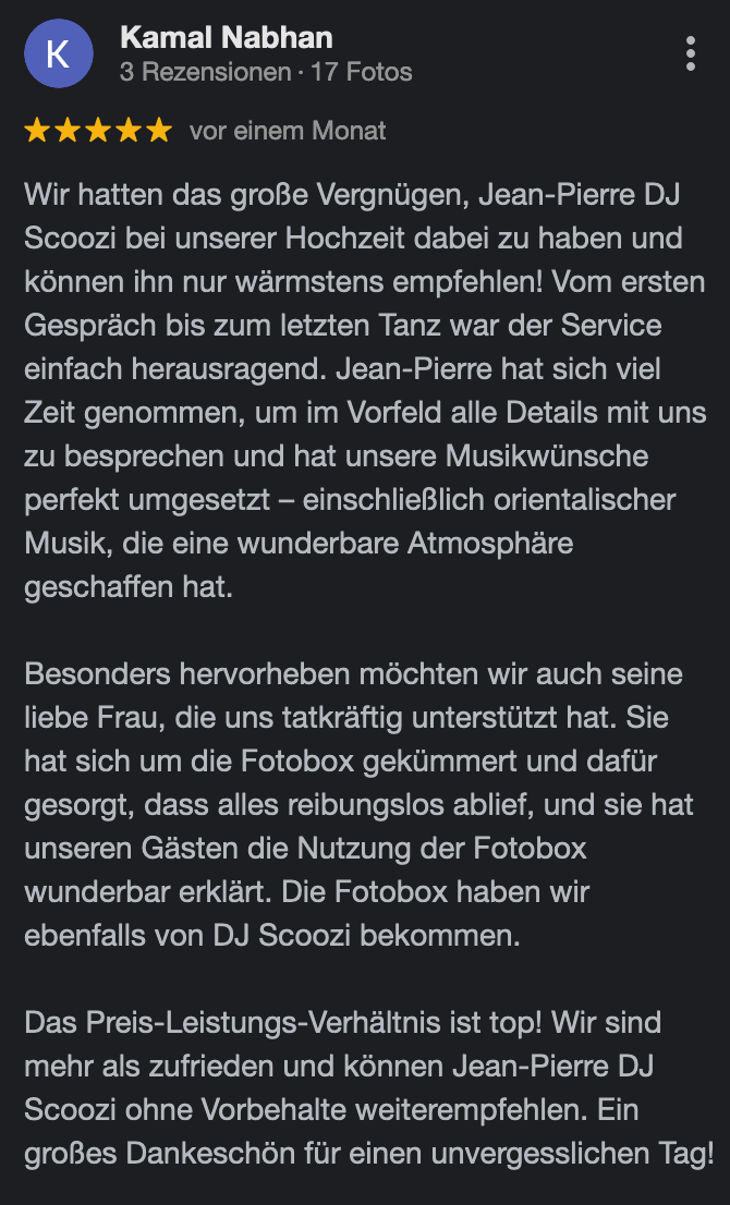 Unvergessliche Event-Atmosphäre: Dein Perfekter Hochzeits-DJ aus Remscheid für Einzigartige Momente 31 DJScoozi de Testimonial 2024 12 18 4